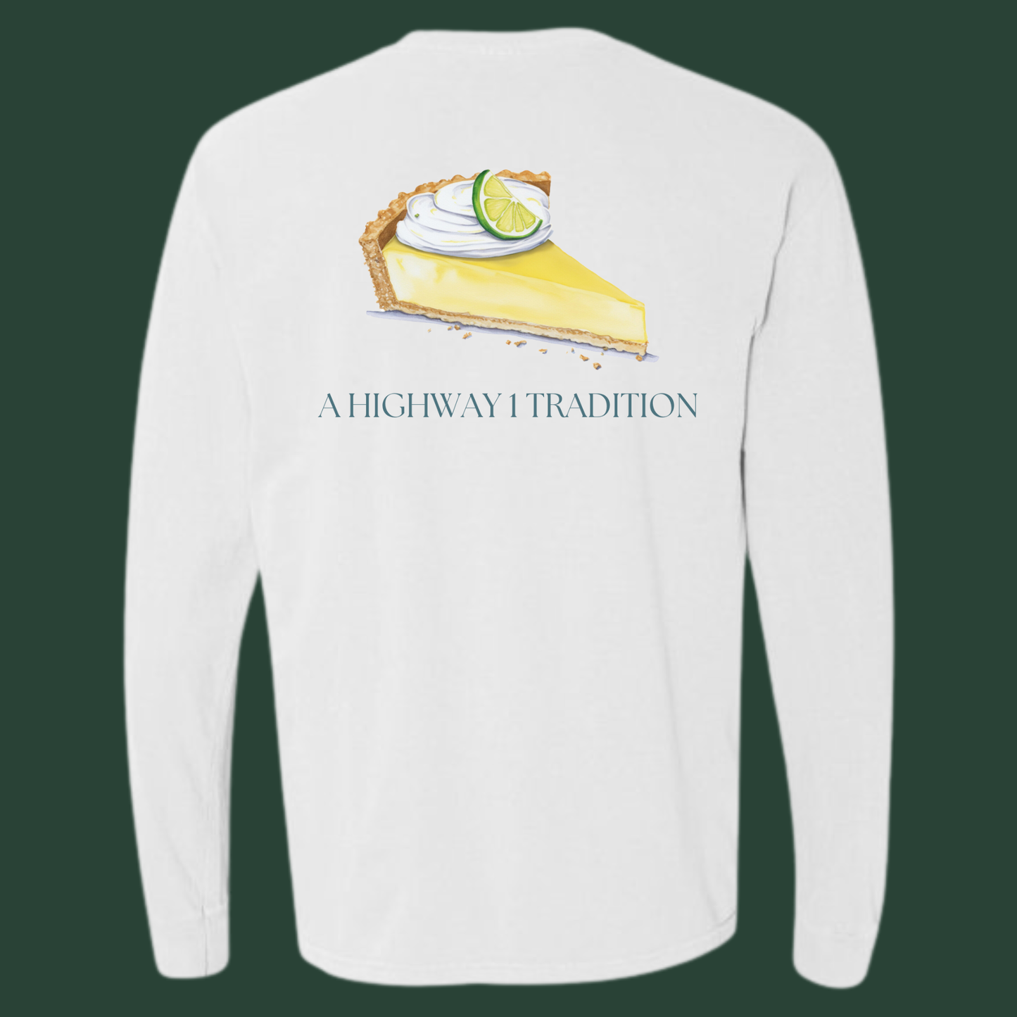White long-sleeve shirt with a pie graphic and text on the back against a dark green background