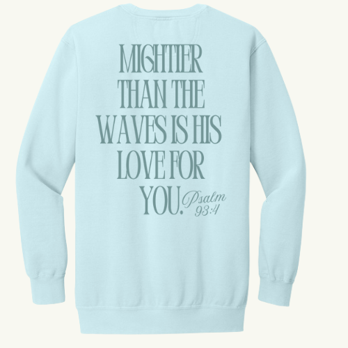 Light blue sweatshirt with text on the back on a white background