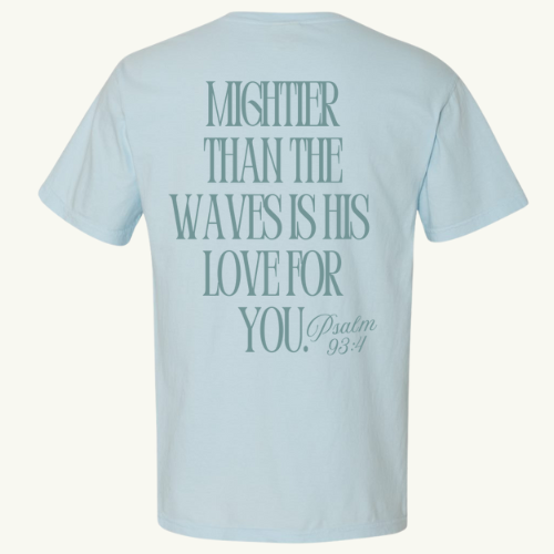 Light blue t-shirt with text on the back on a white background